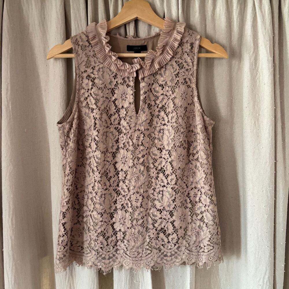 J.Crew Lace Sleeveless Top S Blush Taupe Beige Ruffle Neck Keyhole Dry Clean